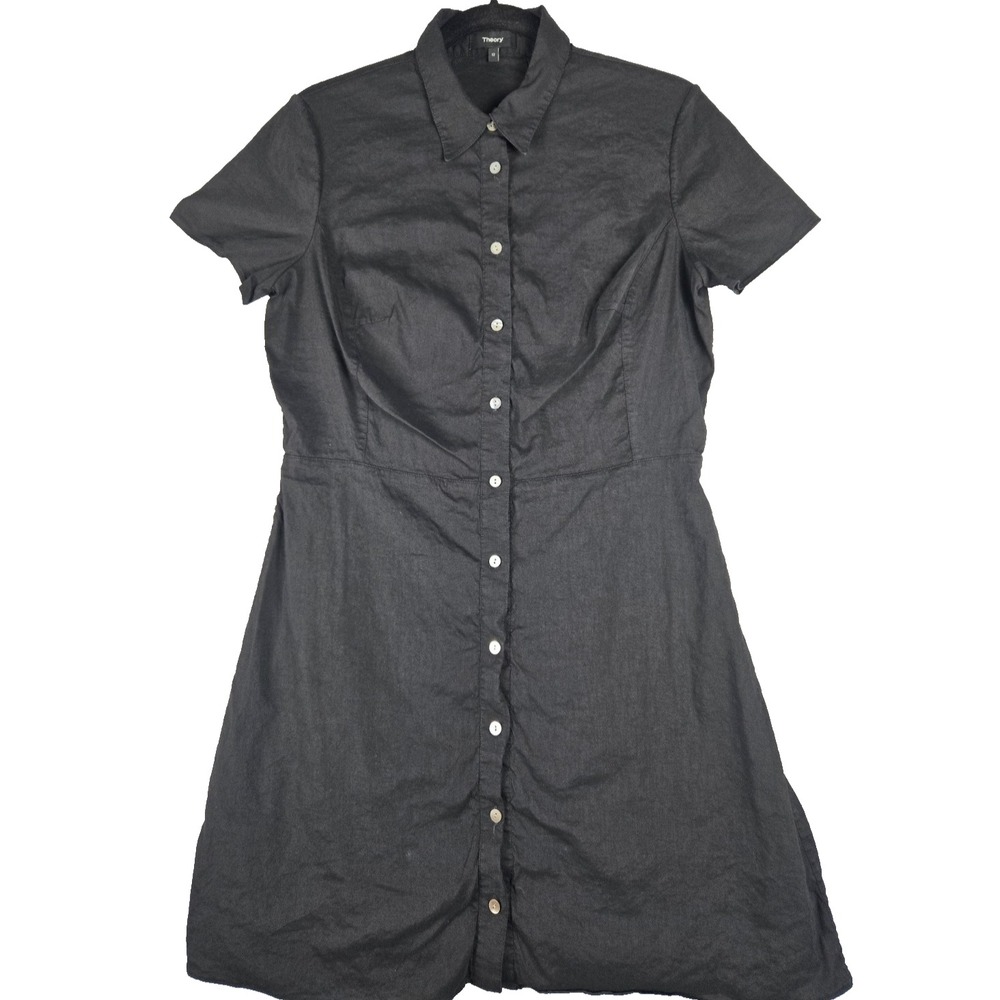Womens Theory SS BD Black Linen Blend Eco Crunch Wash Dress Size 12 Fitted Front